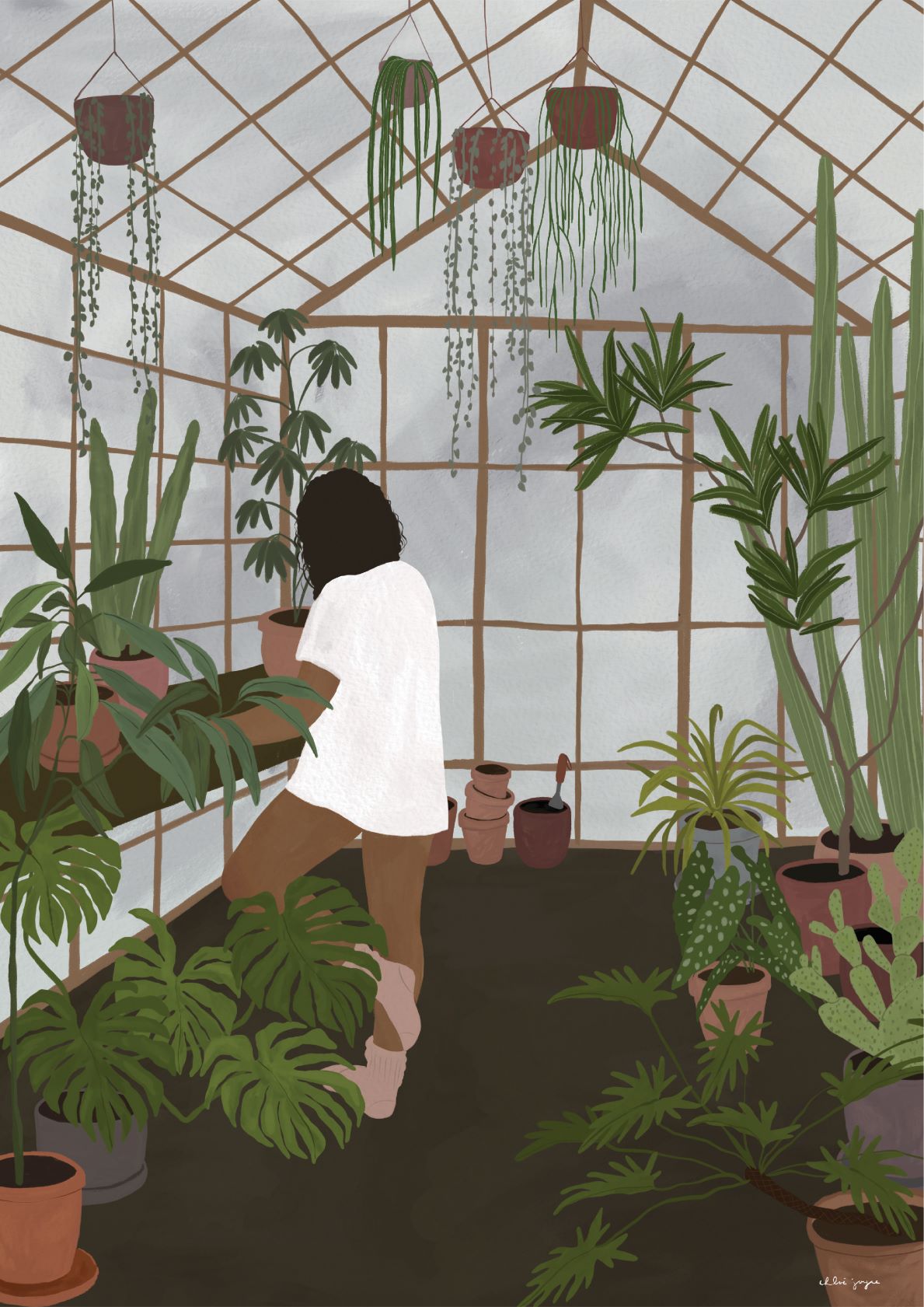 A person with dark hair, wearing a white shirt and brown pants, tends to plants in a greenhouse filled with various potted greenery. The wooden-framed Greenhouse by Chloe Joyce, illustrated by featured artist Chloe Joyce, showcases hanging plants and large windows letting in natural light. This stunning piece is brought to you by fap.