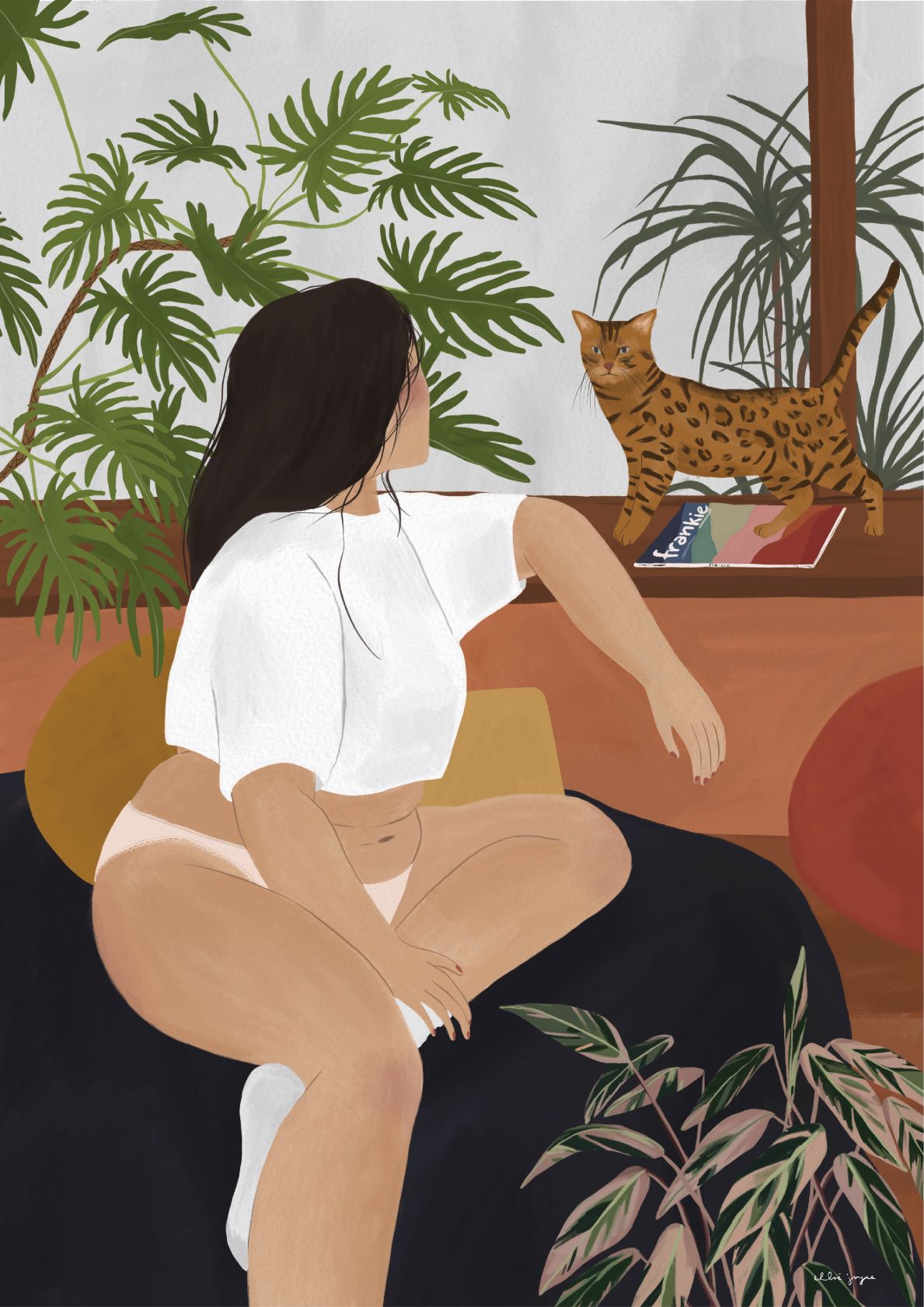 Illustration of a woman with long dark hair wearing a white crop top and shorts, sitting on a bed with pillows, looking towards a window. A Bengal cat stands on the windowsill amid lush green plants. A book and glasses are also on the windowsill. "Isolation by Chloe Joyce" by fap is part of the Featured Artists Collection.