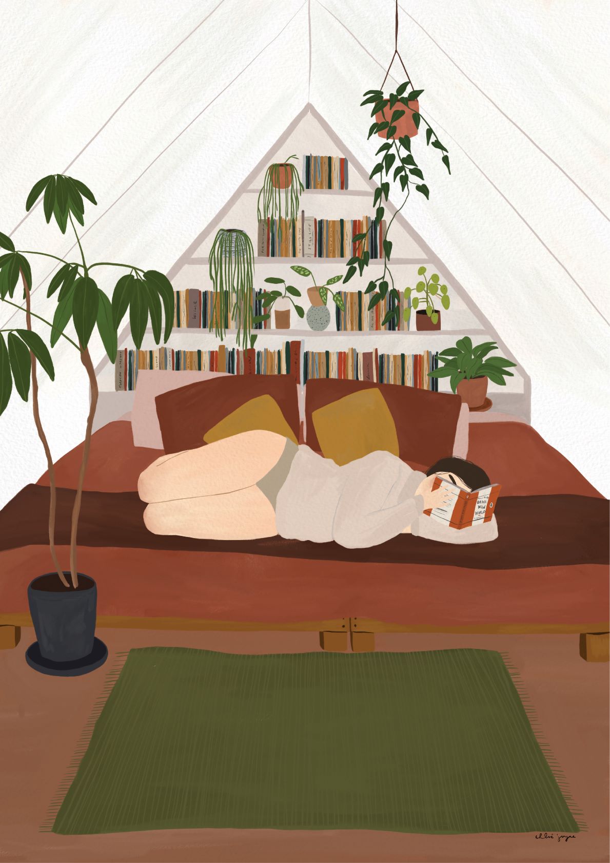 An illustration of a cozy room with a slanted ceiling and bookshelves, part of the Featured Artists Collection. A person is lying on a bed with brown and orange bedding, reading a book. The room is adorned with various potted plants and has a green rug on the floor, creating an inviting atmosphere. This piece is titled "Home by Chloe Joyce" from fap.