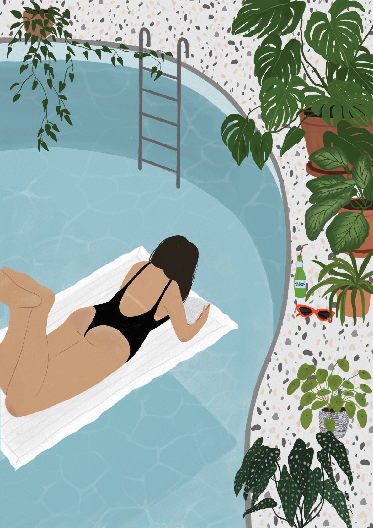 Illustration from the Featured Artists Collection: a woman in a black swimsuit lies on a white towel by the corner of a pool, surrounded by various green potted plants. On her stomach with her head down, and with the pool ladder visible in the background, **Spring by Chloe Joyce from fap** beautifully captures relaxation.