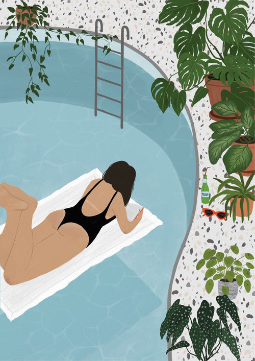 Illustration from the Featured Artists Collection: a woman in a black swimsuit lies on a white towel by the corner of a pool, surrounded by various green potted plants. On her stomach with her head down, and with the pool ladder visible in the background, **Spring by Chloe Joyce from fap** beautifully captures relaxation.