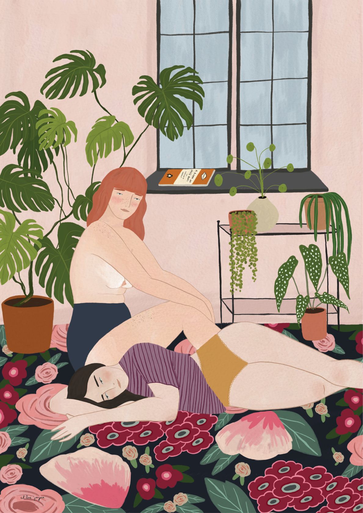 An illustration from the Summer in the City Collection by Chloe Joyce shows two women relaxing on a floral-patterned rug in a room with large plants and a window. One, with red hair, gently massages the back of the other, who has dark hair and is lying down. The room boasts pink walls. Available as an art print by fap.