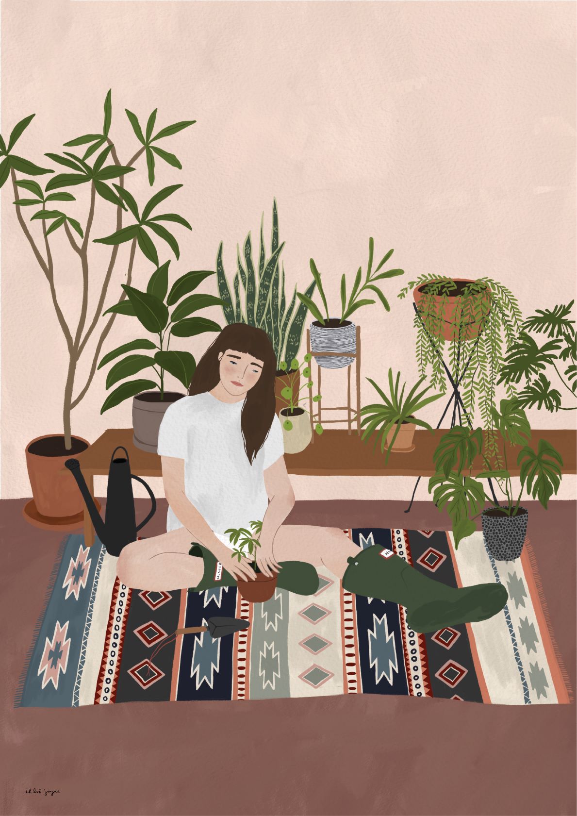 Illustration of a person with long hair sitting cross-legged on a patterned rug, surrounded by various potted plants. The person is holding a small plant in their hands. There are watering can and several large leafy plants in the background. This art print, Sunday by Chloe Joyce from fap, captures serene indoor gardening.