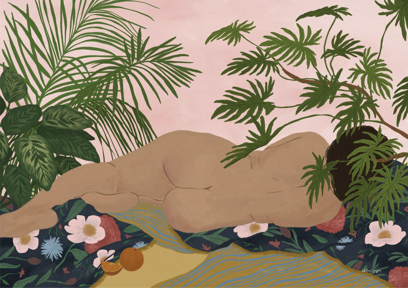 An artistic illustration by Chloe Joyce depicts a nude person lying on their side among lush, green tropical plants and colorful flowers. The background features a soft pink sky, and the scene is tranquil and natural, offering a sense of relaxation and connection with nature. Part of "Utopia by Chloe Joyce" from fap's Featured Artists Collection.