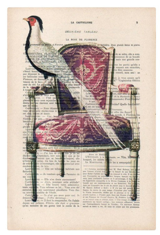 A vintage illustration features a white bird with black and red markings perched on an ornate, pink upholstered chair. Set against a background of antique French books, the chair and bird appear superimposed on the text, creating a unique print with layered, illustrated designs. This is the ABP Antique Book print 29x19cm Bird on Chair.