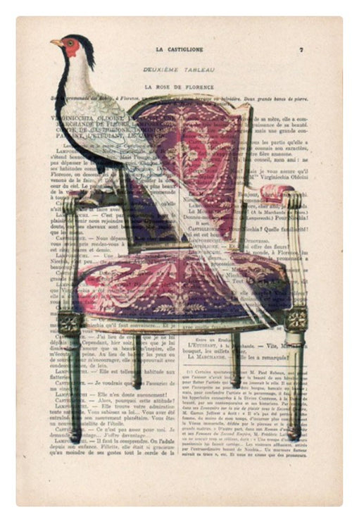A vintage illustration features a white bird with black and red markings perched on an ornate, pink upholstered chair. Set against a background of antique French books, the chair and bird appear superimposed on the text, creating a unique print with layered, illustrated designs. This is the ABP Antique Book print 29x19cm Bird on Chair.