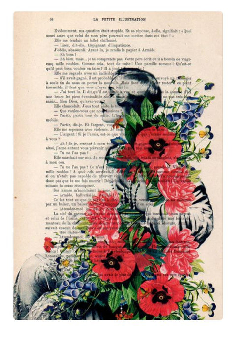 A vintage book page from an antique French book serves as the background. Overlaid on the text is a black-and-white illustration of a person partially obscured by vibrant red and pink flowers, green leaves, and small blue flowers, creating a unique ABP Antique Book print 29x19cm Woman Flowers in mixed media.