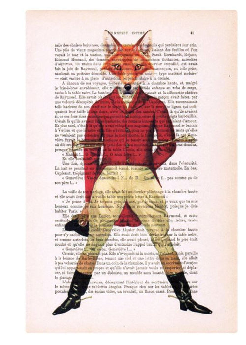 A vintage illustration of an anthropomorphic fox dressed in equestrian attire, including a red jacket, beige riding pants, and black boots. This unique print features the fox confidently standing against a background of a page from an antique French book, with the text partially visible. This is the Antique Book print 29 x 19cm Fox by ABP.