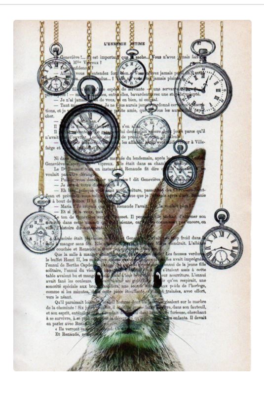 A rabbit stares forward against a background of antique French books. Multiple pocket watches of varying sizes hang above its head on gold chains, creating a whimsical and surreal scene that blends nature with timepieces—ABP's Antique Book print 29x19cm Rabbit Watch showcasing unique designs.