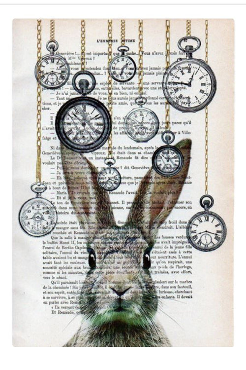 A rabbit stares forward against a background of antique French books. Multiple pocket watches of varying sizes hang above its head on gold chains, creating a whimsical and surreal scene that blends nature with timepieces—ABP's Antique Book print 29x19cm Rabbit Watch showcasing unique designs.