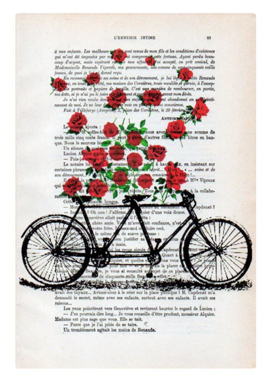 An artistic collage shows a tandem bicycle printed on a page from an antique French book. Red roses, blending into the text, seem to grow from the bicycle's frame, adding a romantic, whimsical touch. This unique print features words partially obscured by the roses and the bicycle. The ABP Antique Book print 29x19cm Retro Bicycle beautifully encapsulates this enchanting scene.
