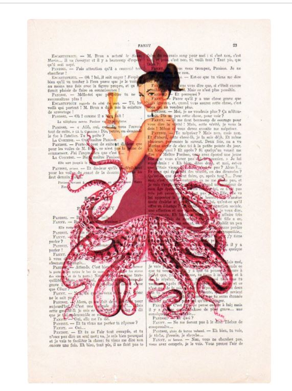 A mixed media artwork shows a woman in a red dress, holding a small candle, with her legs replaced by octopus tentacles. The background is a page from an antique French book, adding text to the image. Illustrated designs enhance the unique print, while the woman sports a bow in her hair. Introducing "Antique Book print 29 x 19cm Octo Lady 8" by ABP!