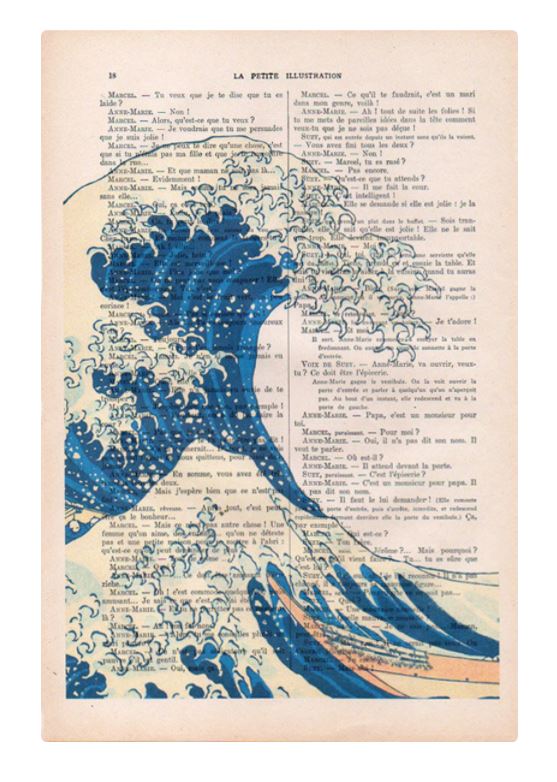 A page from an antique French book is overlaid with an illustration inspired by Hokusai’s famous woodblock print, "The Great Wave off Kanagawa." The text from the book remains visible behind the stylized blue and white waves, creating a unique print that marries history and art: the ABP Antique Book print 29x19cm Japanese Wave.