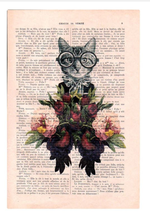 An illustration of a cat with glasses, rising above a colorful floral arrangement, is superimposed on an old, weathered book page. Text from antique French books is visible in the background, enhancing the vintage and whimsical feel of this unique print by ABP.