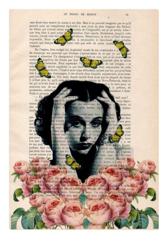 A unique print by a French artist features a woman holding her head in distress, with her image overlaid on a page from an antique French book. Yellow butterflies flutter around her, while pink roses bloom at the bottom. The text on the book page is in French. This artwork is known as the "Antique Book print 29x19cm Woman & Roses" by ABP.