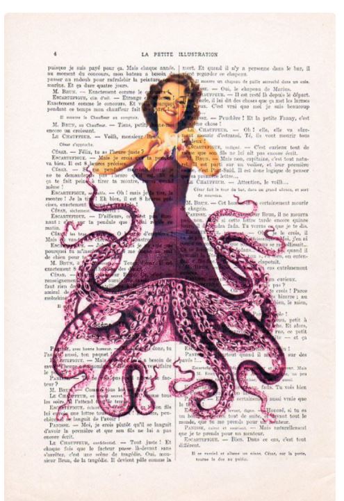 An artistic collage featuring a woman in a purple dress, her lower body transitioning into octopus tentacles. The background, an antique French book page, provides an intricate backdrop to the striking figure in the foreground, creating a unique print adorned with illustrated designs. Presenting: ABP's Antique Book print 29 x 19cm Octo Lady 6.