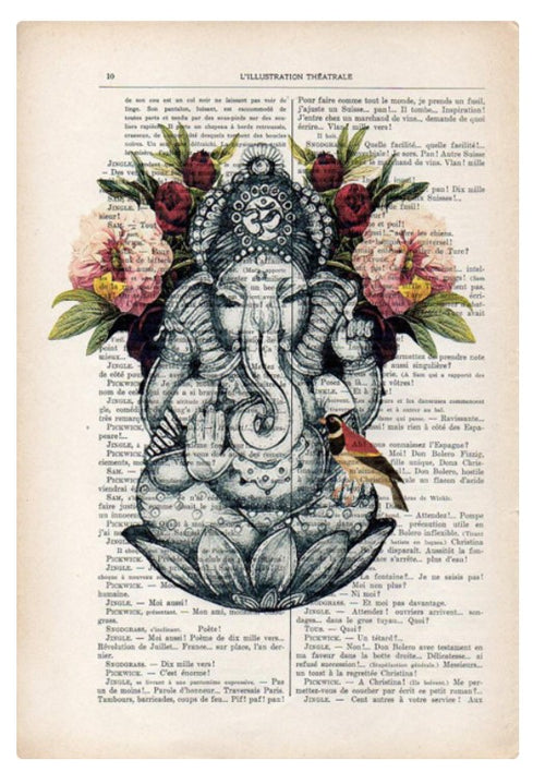 A grayscale illustration of Ganesha, the Hindu deity, is overlaid on a page of French text titled "L'Illustration Théâtrale." This unique design is adorned with colorful flowers and a bird near the bottom, evoking the charm of antique French books. The product, Antique Book print 15 x 21cm Ganesha by ABP, captures this enchanting aesthetic beautifully.