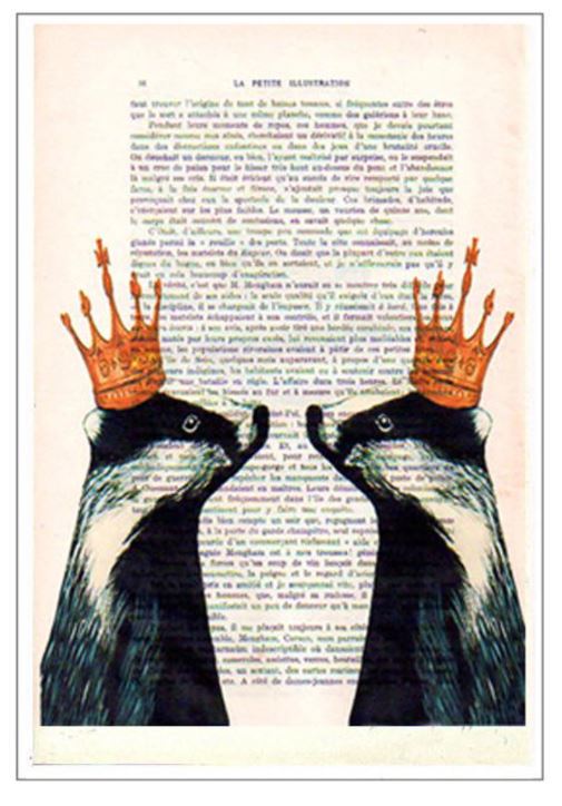 An art piece featuring two illustrated badgers wearing orange crowns. The background, a page from an antique French book, adds a vintage touch to the composition. The badgers face each other, creating a symmetrical composition against the text, showcasing unique illustrated designs. This is known as the "Antique Book Print 15x21cm Royal Badgers" by ABP.