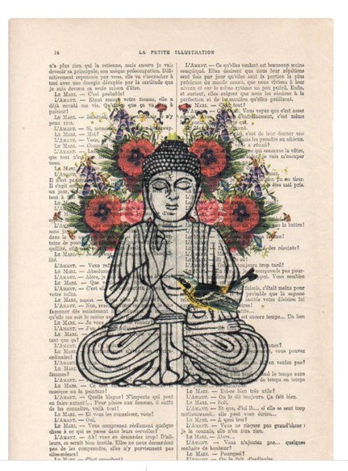 A black-and-white illustration of a meditating Buddha sits against the background of antique French book pages. Behind the Buddha, colorful red and purple flowers bloom, while a yellow and black bird is perched on his lap in this unique print, the Antique Book print 29x19cm Buddha Bird by ABP.