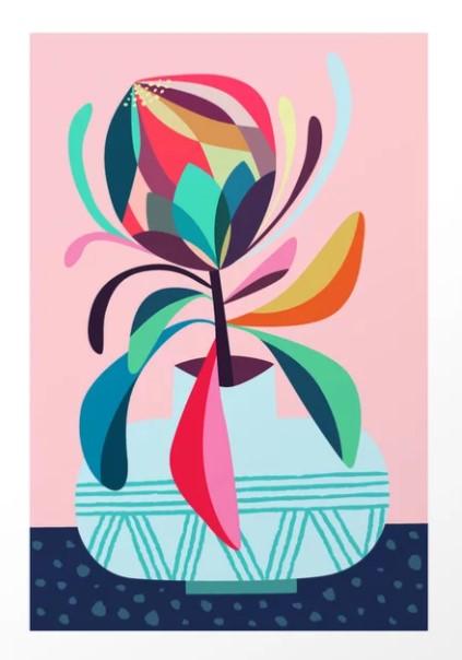 Abstract painting of a colorful flower in a vase, part of our GAP Gallery Series Art Prints. Protea in Vase by Rachel Lee features a flower consisting of various curved and pointed shapes in vibrant colors like red, pink, blue, green, and yellow. The turquoise vase displays geometric patterns against a soft pink and dark blue background.