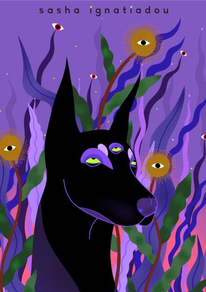 An illustration by Sasha Ignatiadou of a black dog with three eyes against a surreal purple and blue background. The dog’s expression is calm, surrounded by abstract plants with eyes embedded in them. This piece is part of the fap Featured Artists Collection and has "Doberman by Sasha Ignatiadou" written at the top.