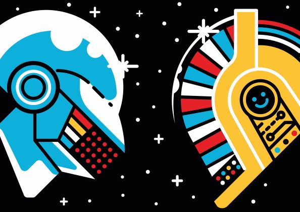 Illustration of two stylized robot helmets on a black background with white star-like dots. The helmet on the left is blue and white, with colorful details, and the one on the right is yellow and red with a smiling face on its visor. Part of the fap Featured Artists Collection: Daft Punk by Dario Genuardi Art Print.