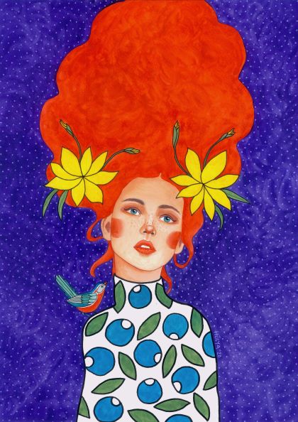A vibrant art print illustration called "Rest in your Rhyme by Hulya Ozdemir" from Blue Dog Posters features a person with bright red hair in an exaggeratedly tall, voluminous style adorned with yellow flowers. They wear a white turtleneck with a blue and green pattern, featuring large circles, while a small bird perches on their shoulder against a purple background.