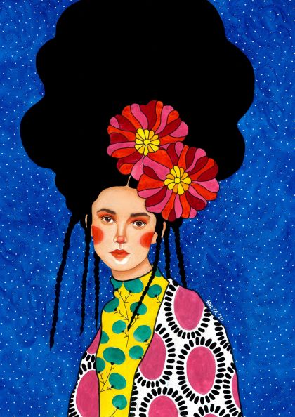 A vibrant art print, Wish Me Well by Hulya Ozdemir from Blue Dog Posters, showcases a woman with an oversized, black, voluminous hairstyle adorned with two large red flowers. She wears a patterned jacket with large pink circles and a green top with blue orbs. The deep blue background, dotted with small white specks, completes the piece from the featured artists collection.