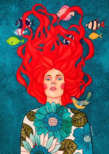 A woman with bright red hair resembling seaweed is surrounded by colorful fish, wearing a floral top with a small bird on her shoulder. Memories of a Place by Hulya Ozdemir, part of Blue Dog Posters' Featured Artists Collection Art Print series.