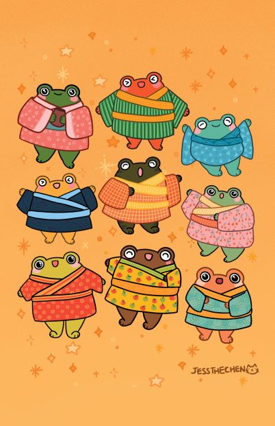 A cute illustration of nine frogs standing upright wearing colorful kimonos, each with different patterns and colors. The background is orange with small star-shaped sparkles scattered around. Part of the Frog Party by Jess Chen collection from Blue Dog Posters, perfect as an A3 print.