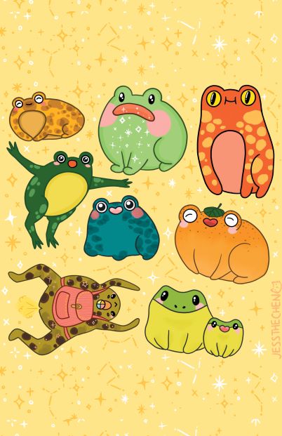 Illustration of cute, colorful frogs with various patterns and expressions against a yellow starry background. Part of the Featured Artist Collection, it includes frogs resembling cats, fruit, and a multicolored frog with wing-like patterns. Each unique frog bursts with vibrant designs and playful poses. Available as an A3 Print via digital printing — Just Frogs by Jess Chen from Blue Dog Posters.