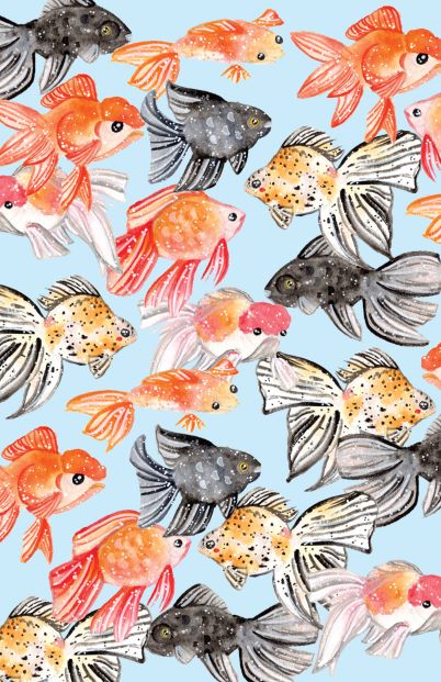 Illustration of various goldfish swimming against a light blue background. Featured in the Blue Dog Posters' Goldfishes on Blue by Jess Chen, the goldfish are depicted in shades of orange, black, and silver with diverse patterns and fin shapes, creating a colorful and dynamic A3 Print scene.
