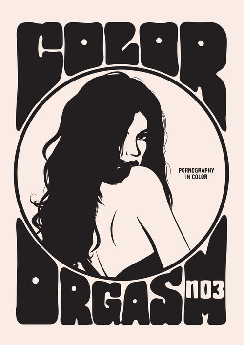 A black and white illustration of a woman with long hair, partially turned to her right, surrounded by stylized text reading "Color Orgasm by Westmotel." The additional text reads "Pornography in Color." The overall design has a retro, psychedelic style from fap.