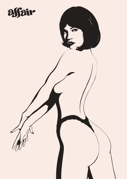 A minimalist black and white illustration of a nude woman with short hair, facing sideways. She extends her arms behind her back and looks over her shoulder. The words "Affair by Westmotel" are written in the top left corner in a stylized font.
