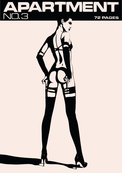 A stylized drawing of a woman in lingerie and high heels standing with her back to the viewer. The image is in high-contrast black and white. Text at the top reads "Apartment by Westmotel" and "72 PAGES." The woman's pose is confident and dominant.