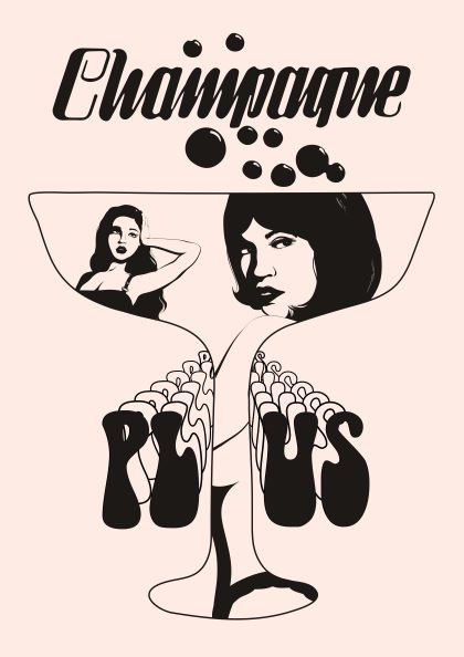 A stylized black and white illustration of a champagne glass with the words "Champagne by Westmotel" at the top. Inside the glass are two women, one with a hand on her head, and the other looking forward. At the bottom, the word "fap" is depicted creatively with bottles as stems.