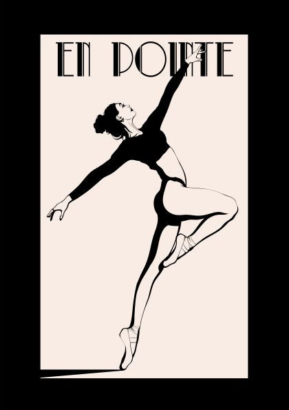 A minimalist black and beige illustration features a ballet dancer poised en pointe. With one arm extended upward and the other outward, the dancer's form is elongated and graceful. The title "En Pointe by Westmotel" from the brand fap is displayed at the top in an art deco font.