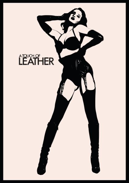 A monochrome illustration of a woman posing confidently. She is dressed in leather attire, including a bra, high-waisted shorts with suspenders, thigh-high boots, and elbow-length gloves. The text "Leather by Westmotel" is displayed to the left of her with the brand name "fap" underneath.