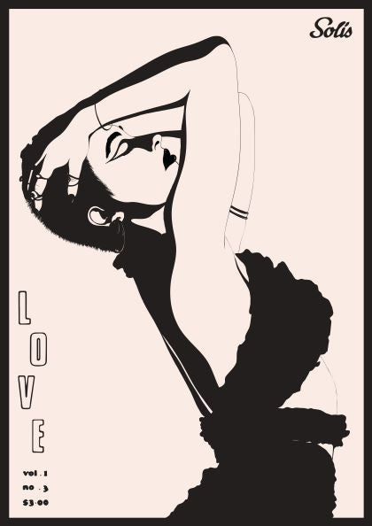 Stylized black and white illustration of a person posing dramatically with hands on their head, titled "Love Solis by Westmotel" at the bottom left. The person is set against a light background with "fap" on the top right. The text "vol. 1, no. 3, $3.00" is on the bottom left.