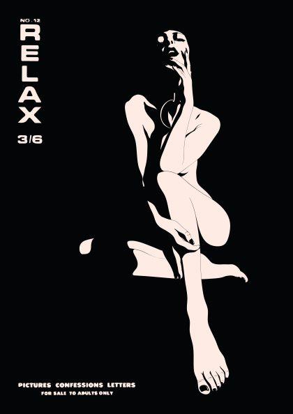 MEZ 229's Relax by Westmotel 50x70cm features a black and white stylized art print of a person in a seated pose with one hand on their face and the other resting on a knee. The background is black with bold white text reading "RELAX" along the left side. Printed on premium quality 200gsm matte art paper, this piece is part of our Featured Artists Collection.