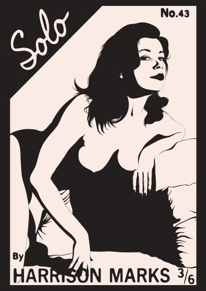A monochromatic illustration of a woman with dark hair, posed semi-reclining against pillows, wearing a partially open top. The word "Solo" is written at the top left, with "No.43" at the top right. "By Westmotel" is at the bottom, along with "fap 3/6.