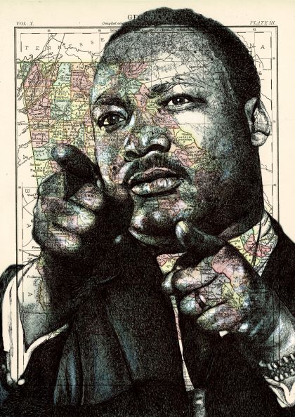 A portrait of Martin Luther King Jr. is depicted with significant detail. The image features a map overlayed on his face and hands, which are shown pointing at the viewer. Geographical elements blend with the contours of his facial features and suit in "Martin Luther King The Art of the North" by fap.