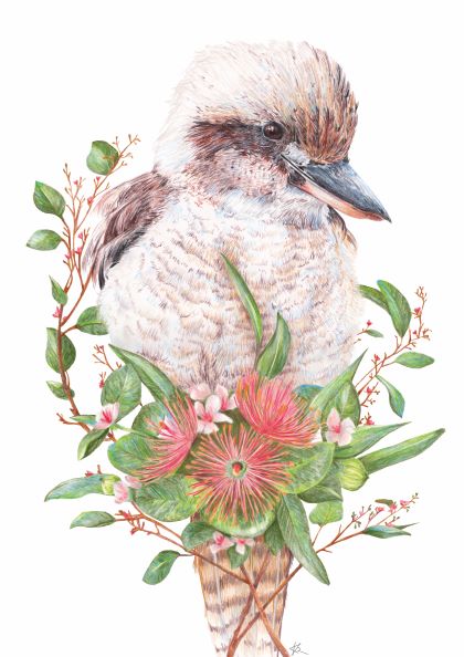 The "Kookaburra by Kayla Reay" artwork from GAL189 depicts a kookaburra bird perched among lush green leaves and pink flowers, showcasing its brown and white feathers in detail. The piece, sized 40x50cm, exudes a delicate and natural aesthetic with the bird gazing gently downward.