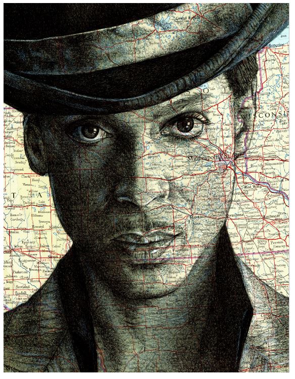 A detailed black and white drawing of a person wearing a hat, overlaid on a vintage map. The intricate lines of the face blend seamlessly with the roads, borders, and geographical markings of the map. This piece is titled "Prince" by The Art of the North from fap.
