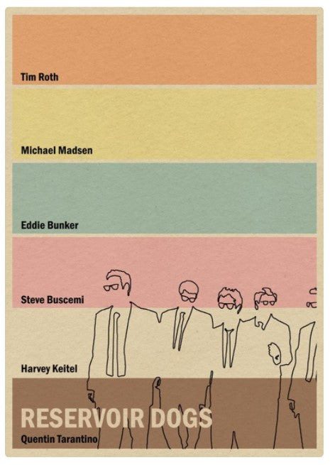 Minimalist movie poster "Reservoir Dogs by Monster Gallery" from Blue Dog Posters, showcasing pastel-colored horizontal stripes labeled with the cast members: Tim Roth, Michael Madsen, Eddie Bunker, Steve Buscemi, and Harvey Keitel. The bottom stripe features Quentin Tarantino's name and an outline of six men in suits.