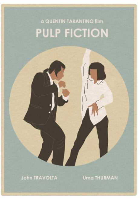 Minimalist poster of the film "Pulp Fiction" by Quentin Tarantino. The illustration, available in Blue Dog Posters' Monster Gallery, features stylized, simplified figures of two characters dancing, one in a suit and the other in a white shirt and black pants. Text at the bottom reads "John Travolta" and "Uma Thurman.