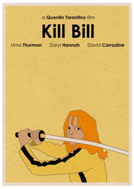 This illustrated movie poster for "Kill Bill" by Monster Gallery, available from Blue Dog Posters, features a person with orange hair in a yellow jumpsuit holding a katana in a fighting stance against a yellow background. The text includes "a Quentin Tarantino film" and the names "Uma Thurman," "Daryl Hannah," and "David Carradine.