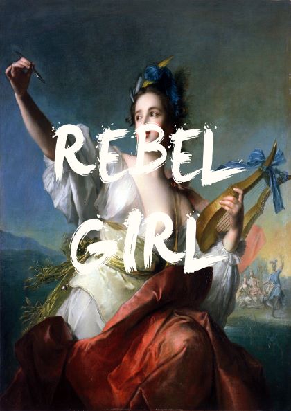 Introducing "Rebel Girl by The Quote House," featured in our Blue Dog Posters collection. This classical painting captures a woman with a determined expression, holding a musical instrument, and is printed on premium 250gsm Satin Paper. She is adorned in a flowing white garment with a red cloth draped around her waist, while bold white letters spelling "REBEL GIRL" overlay her upper body. Discover this captivating piece in our Featured Artists Collection.