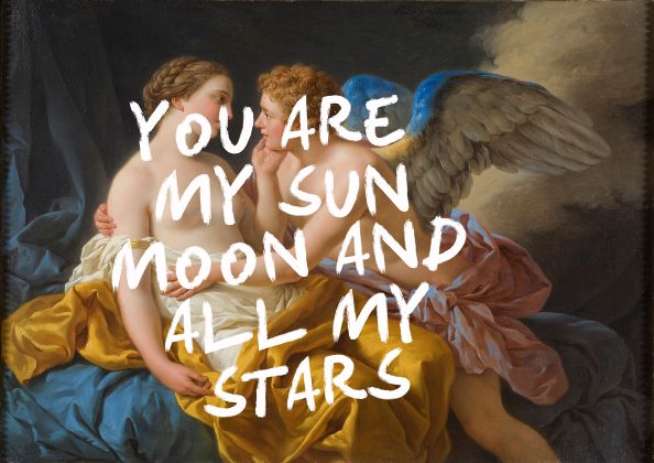An image depicts a classical painting of two women intimately touching, one with angel wings, seated on a colorful bed of draped fabrics. Overlaid text reads, "YOU ARE MY SUN MOON AND ALL MY STARS." This stunning art print, You are my Sun & Moon by The Quote House, is part of our Featured Artists Collection and printed on 250gsm Satin Paper by Blue Dog Posters.