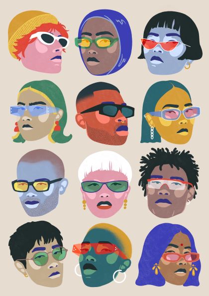 Illustrated collage of twelve diverse individuals with different skin tones, hairstyles, and accessories. Each person is wearing vibrant, uniquely styled sunglasses and displaying distinct expressions, encompassing a variety of genders and fashion styles. Part of the Faces of Diversity by Benjomo collection from fap.